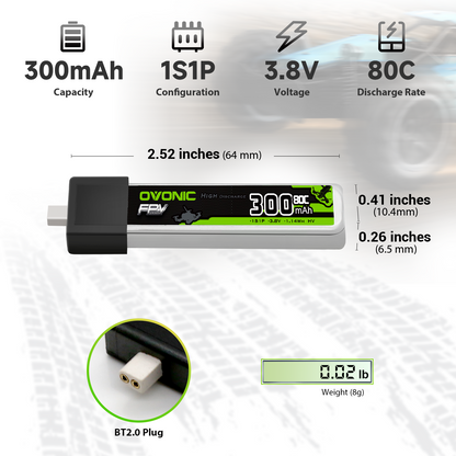 OVONIC 3.8V 300mAh 1S LiHV LiPo battery size chart with dimensions, weight and BT2.0 plug close-up