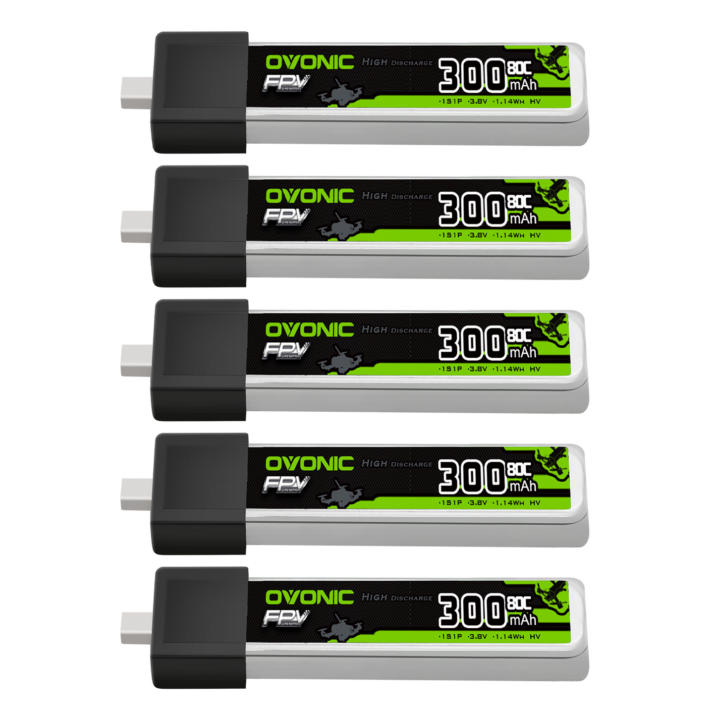 OVONIC 3.8V 300mAh 1S LiHV LiPo battery 5-pack with BT2.0 plug, top view