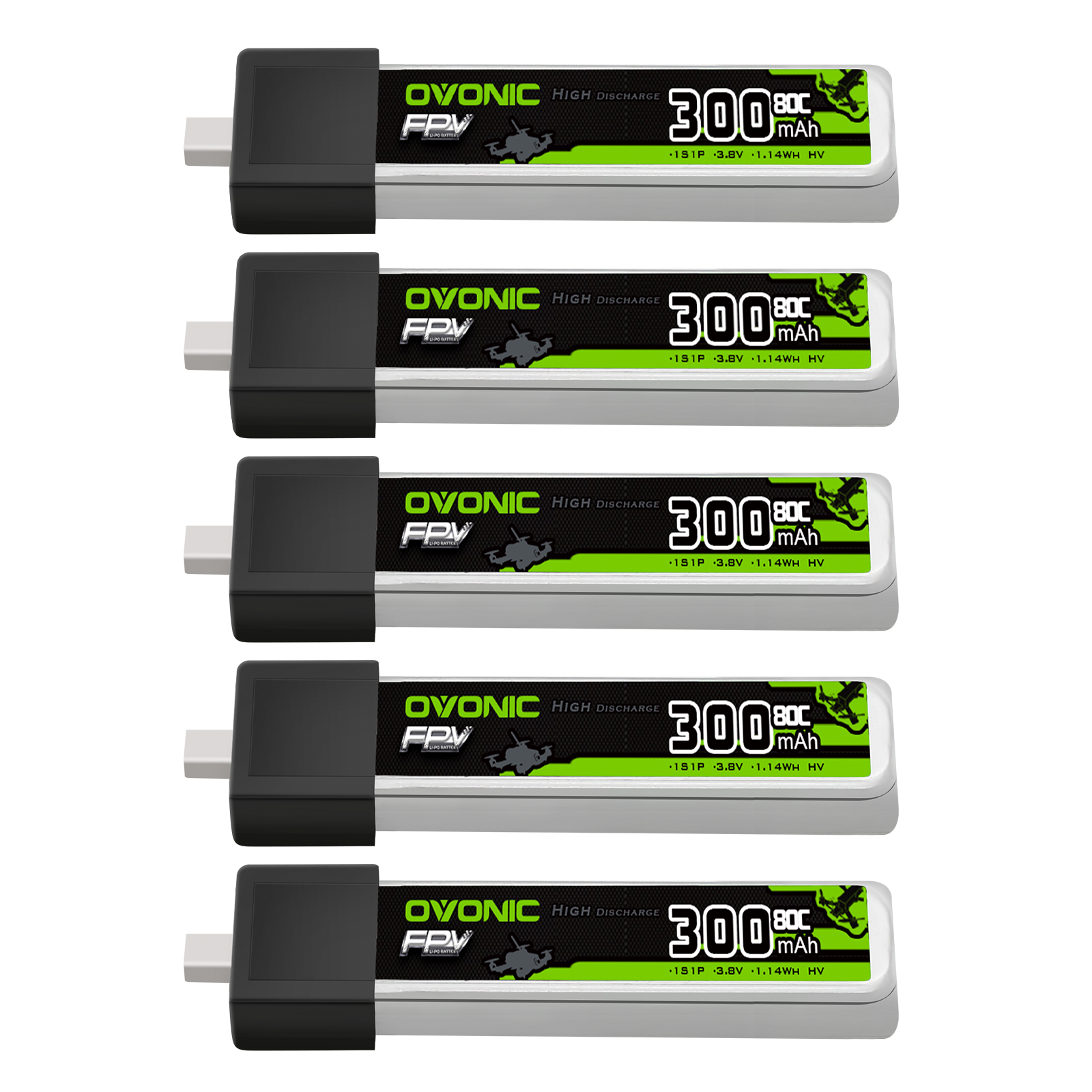 OVONIC 3.8V 300mAh 1S LiHV LiPo battery 5-pack with BT2.0 plug, top view