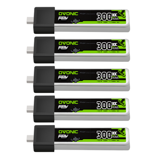 OVONIC 3.8V 300mAh 1S LiHV LiPo battery 5-pack with BT2.0 plug, top view