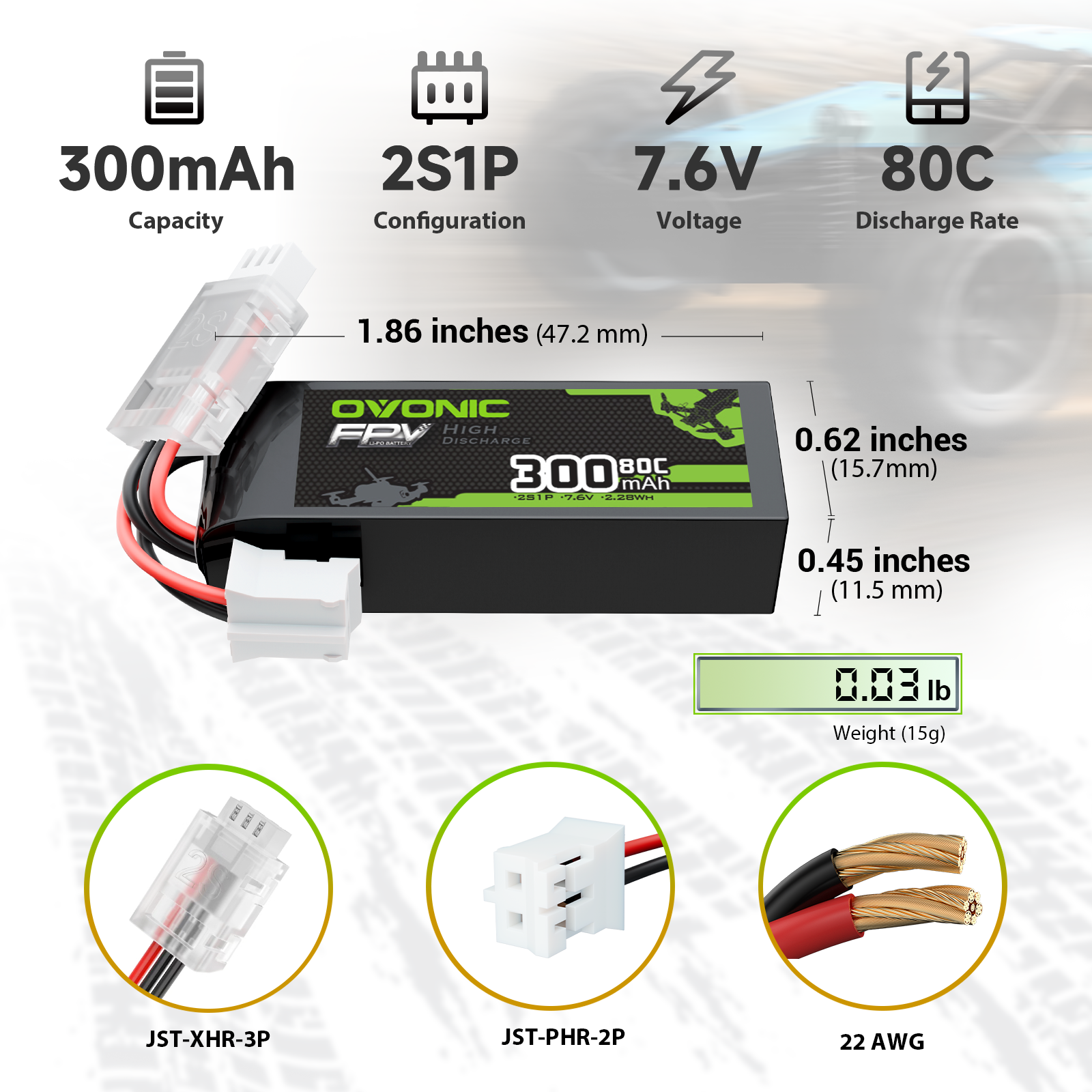 300mAh 2S 7.6V 80C LiPo battery size and weight chart with JST-XHR-3P and JST-PHR-2P plugs