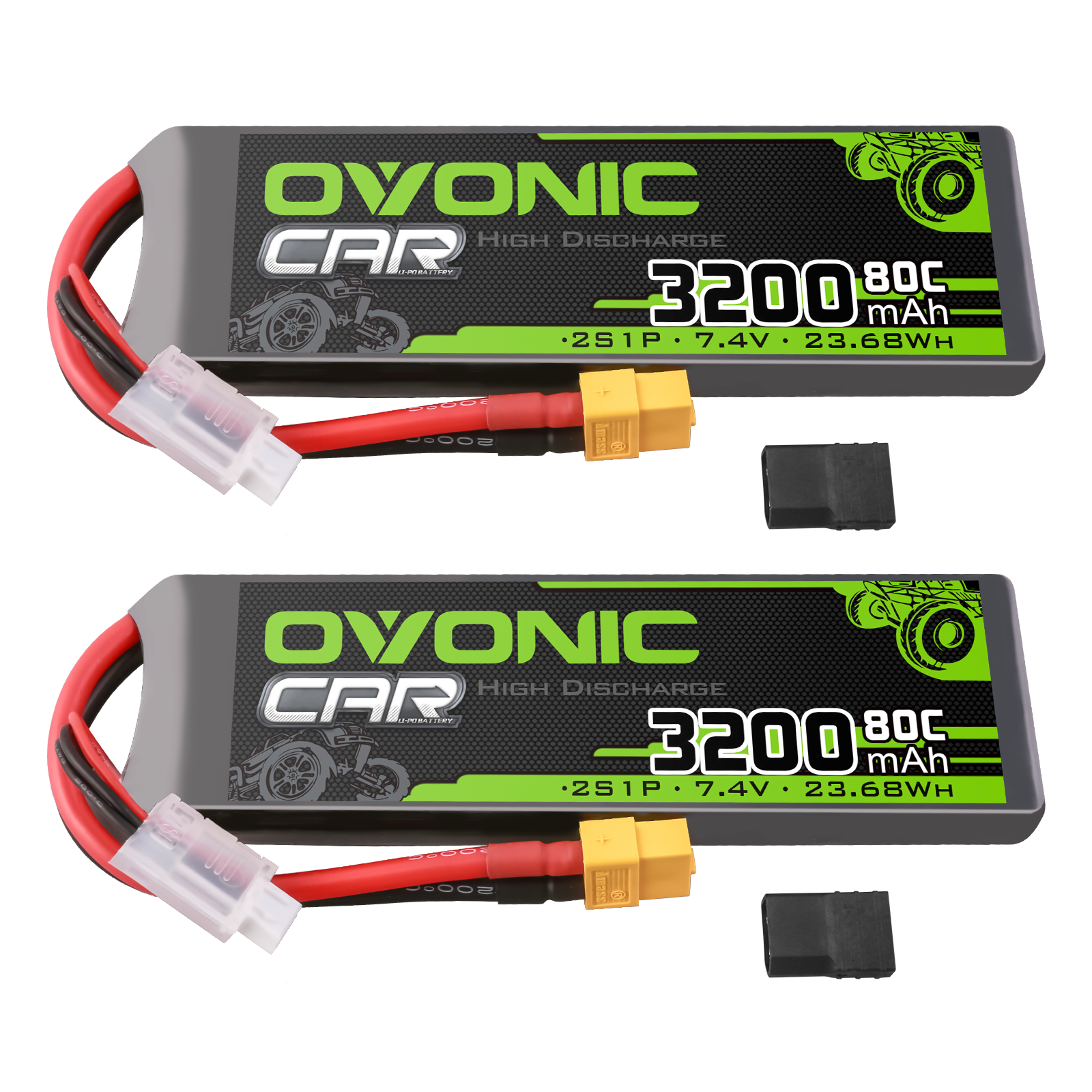 2-Pack OVONIC 2S 7.4V 3200mAh 80C LiPo battery packs with XT60 lead and balance connector