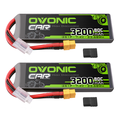 2-Pack OVONIC 2S 7.4V 3200mAh 80C LiPo battery packs with XT60 lead and balance connector