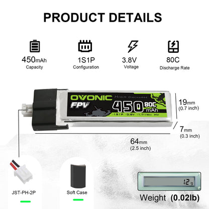 Ovonic 450mAh 1S1P 3.8V HV 80C LiPo battery details with dimensions, JST-PH 2-pin plug and weight