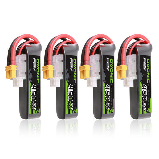 OVONIC 2S 7.4V 450mAh 80C LiPo Battery 4-pack, long size with XT30 plug and balance lead