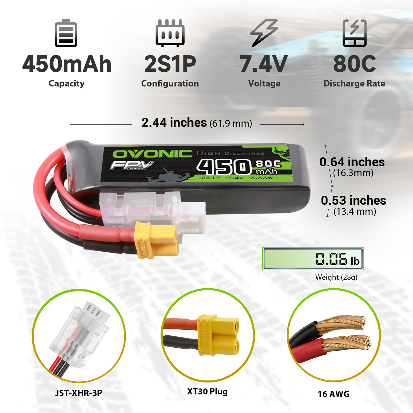 OVONIC 2S 7.4V 450mAh 80C LiPo battery dimensions and weight chart with XT30 plug, JST-XHR-3P, 16AWG