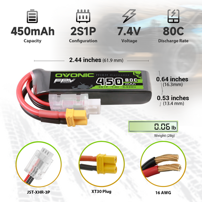 OVONIC 2S 7.4V 450mAh 80C LiPo battery dimensions and weight chart with XT30 plug, JST-XHR-3P, 16AWG
