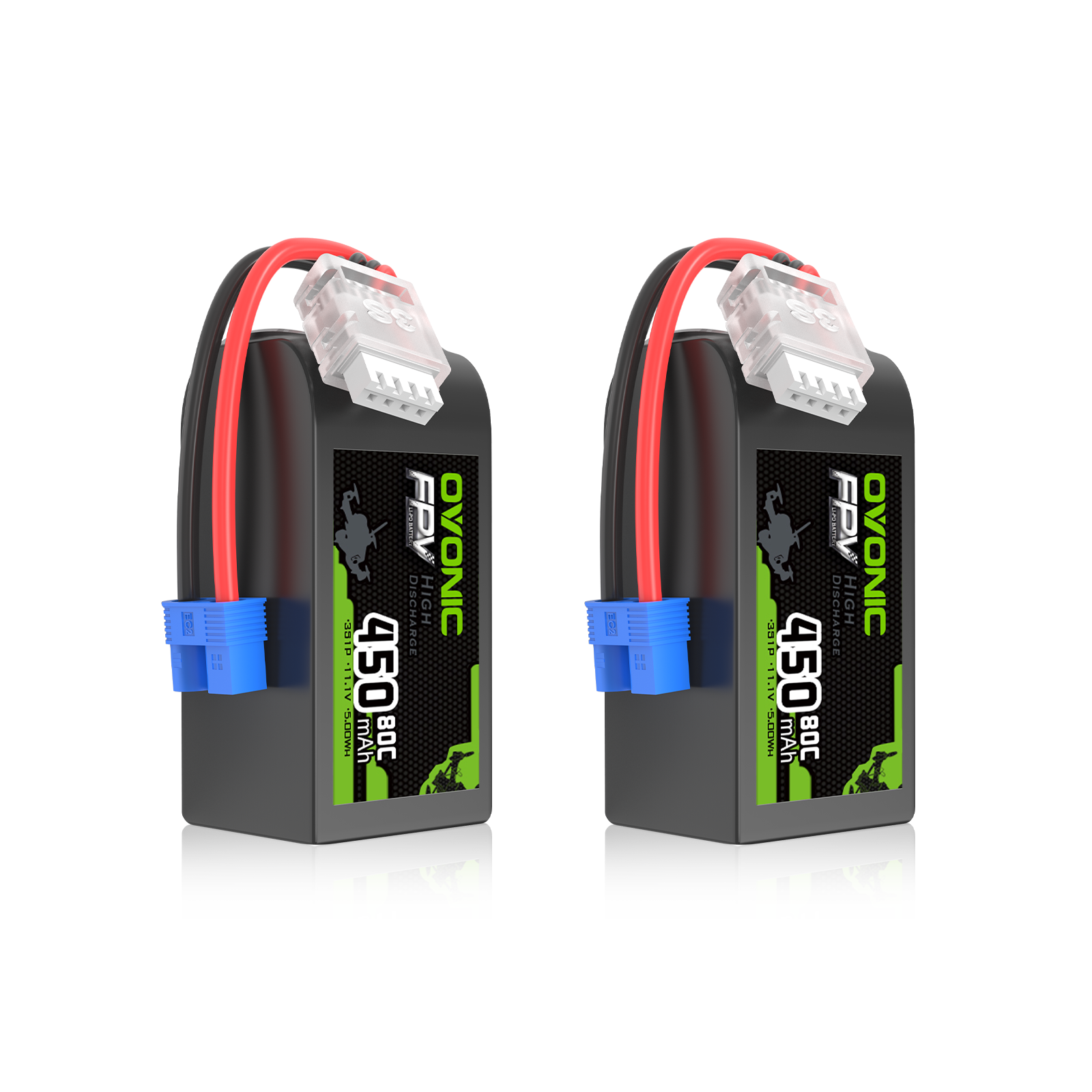2x OVONIC 11.1V 450mAh 3S1P 80C LiPo batteries shown with EC2 plug and JST-XHR balance lead