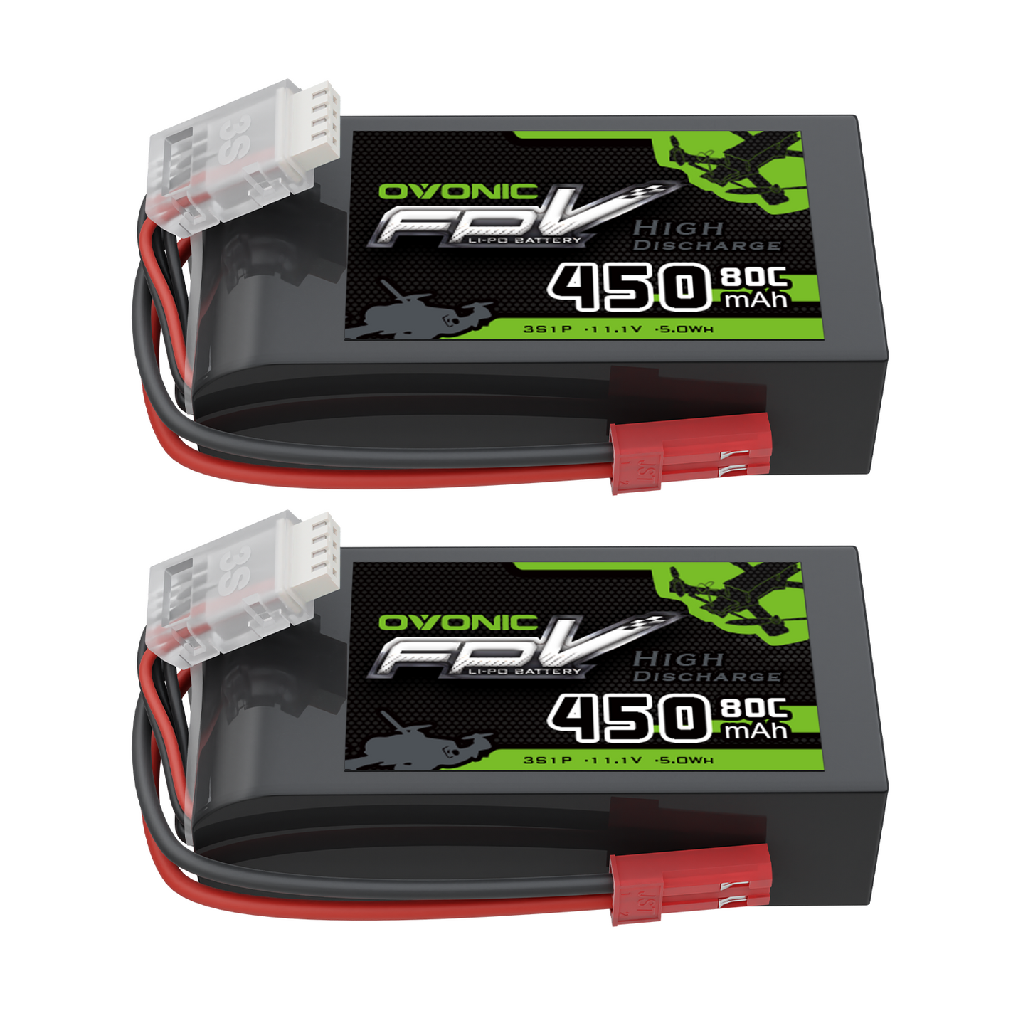 OVONIC 450mAh 3S 11.1V 80C LiPo battery 2-pack with JST plug and balance connector