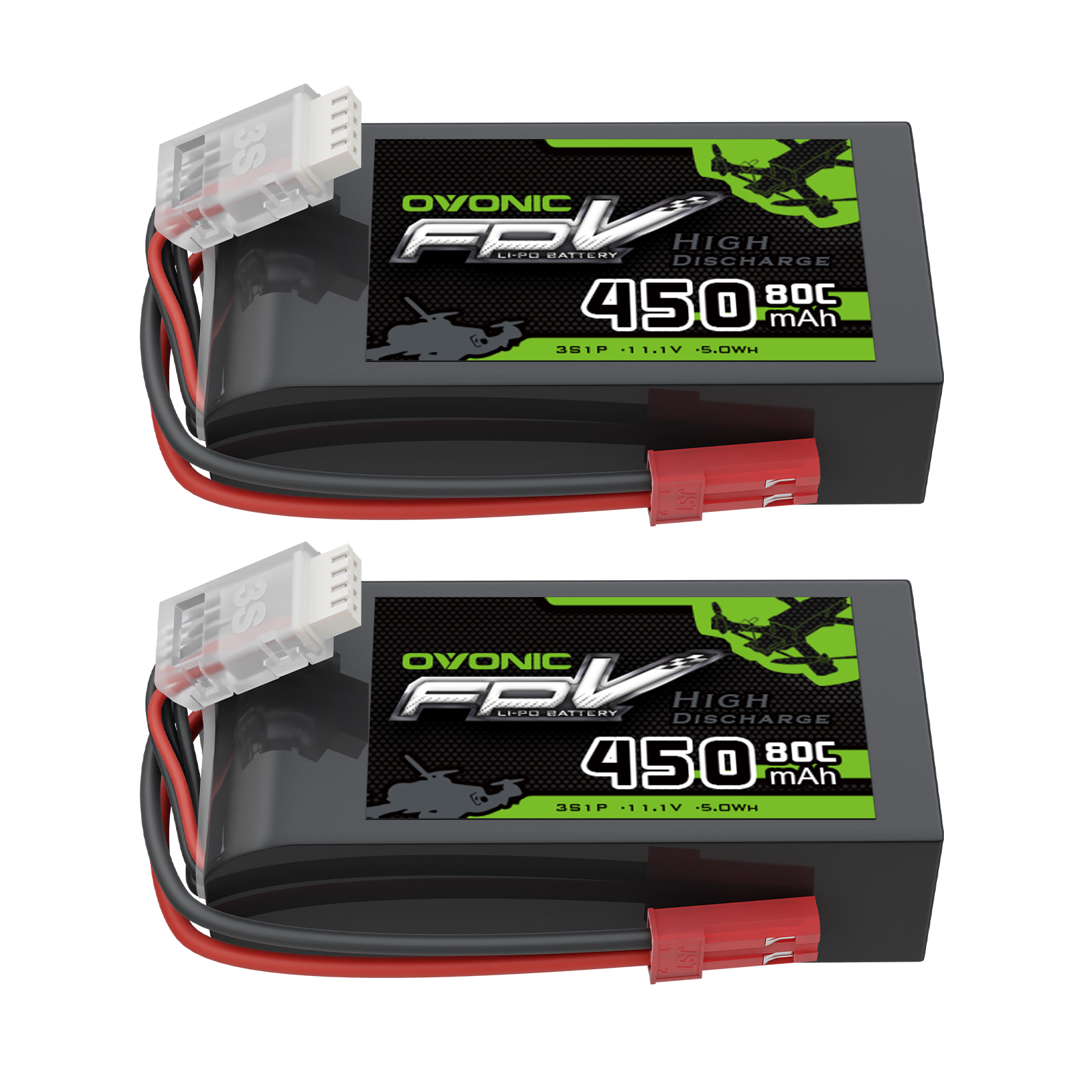 OVONIC 450mAh 3S 11.1V 80C LiPo battery 2-pack with JST plug and balance connector