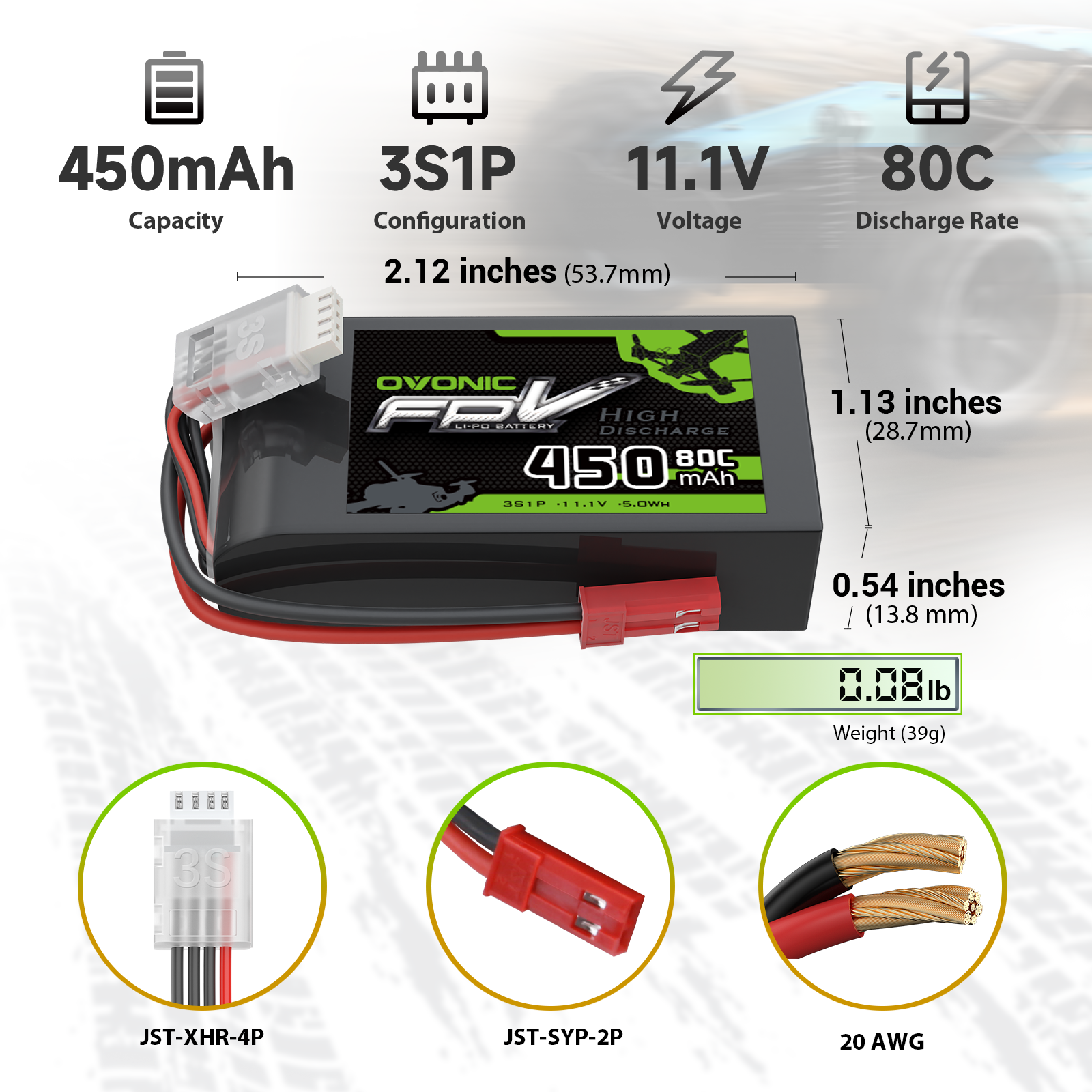 OVONIC 450mAh 3S 11.1V 80C LiPo Battery size and specs chart with JST-XHR-4P and JST-SYP-2P plugs