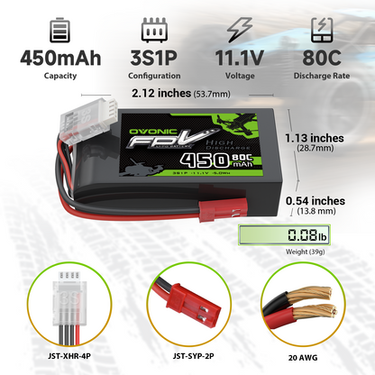 OVONIC 450mAh 3S 11.1V 80C LiPo Battery size and specs chart with JST-XHR-4P and JST-SYP-2P plugs