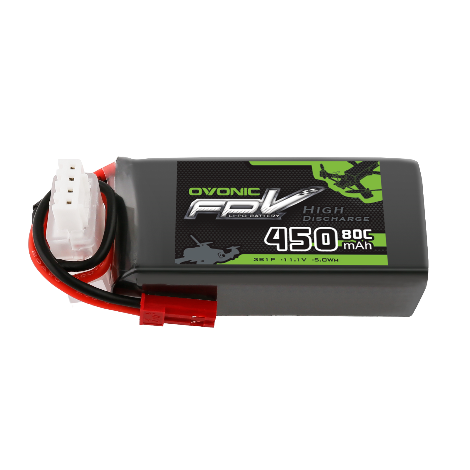 OVONIC 3S 11.1V 450mAh 80C LiPo battery pack with JST plug and balance lead