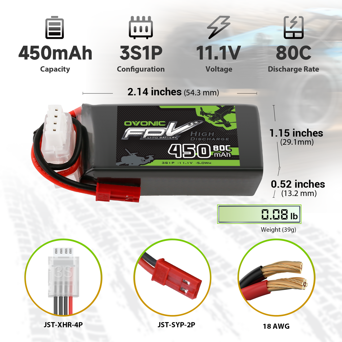 OVONIC 3S 11.1V 450mAh 80C LiPo battery specs graphic with dimensions, 39g weight, JST connectors