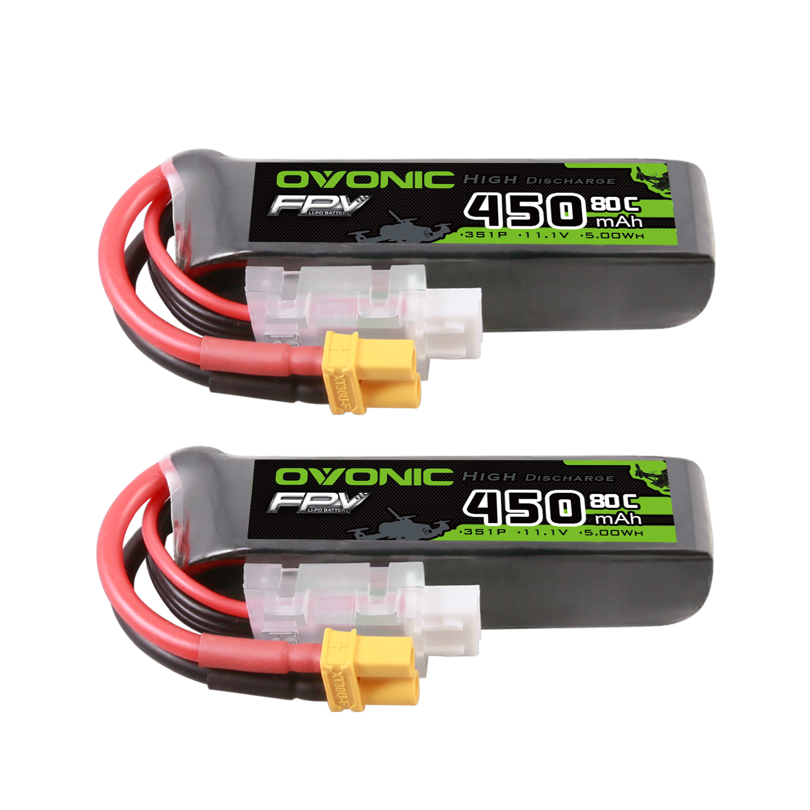 OVONIC 11.1V 450mAh 80C 3S long LiPo batteries, 2-pack, side view with XT30 and balance lead