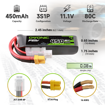 OVONIC 11.1V 450mAh 80C 3S long LiPo battery specs: 2.45in length, 39g, XT30 plug, JST-XHR-4P