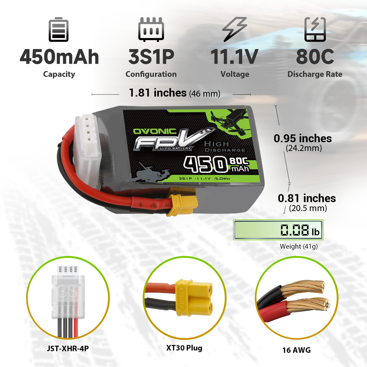 OVONIC 450mAh 3S 11.1V 80C LiPo battery size and specs infographic with XT30 plug, JST-XHR-4P, 16AWG