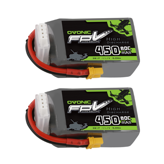 OVONIC 450mAh 3S 11.1V 80C LiPo batteries, 2-pack with XT30 plug and balance lead