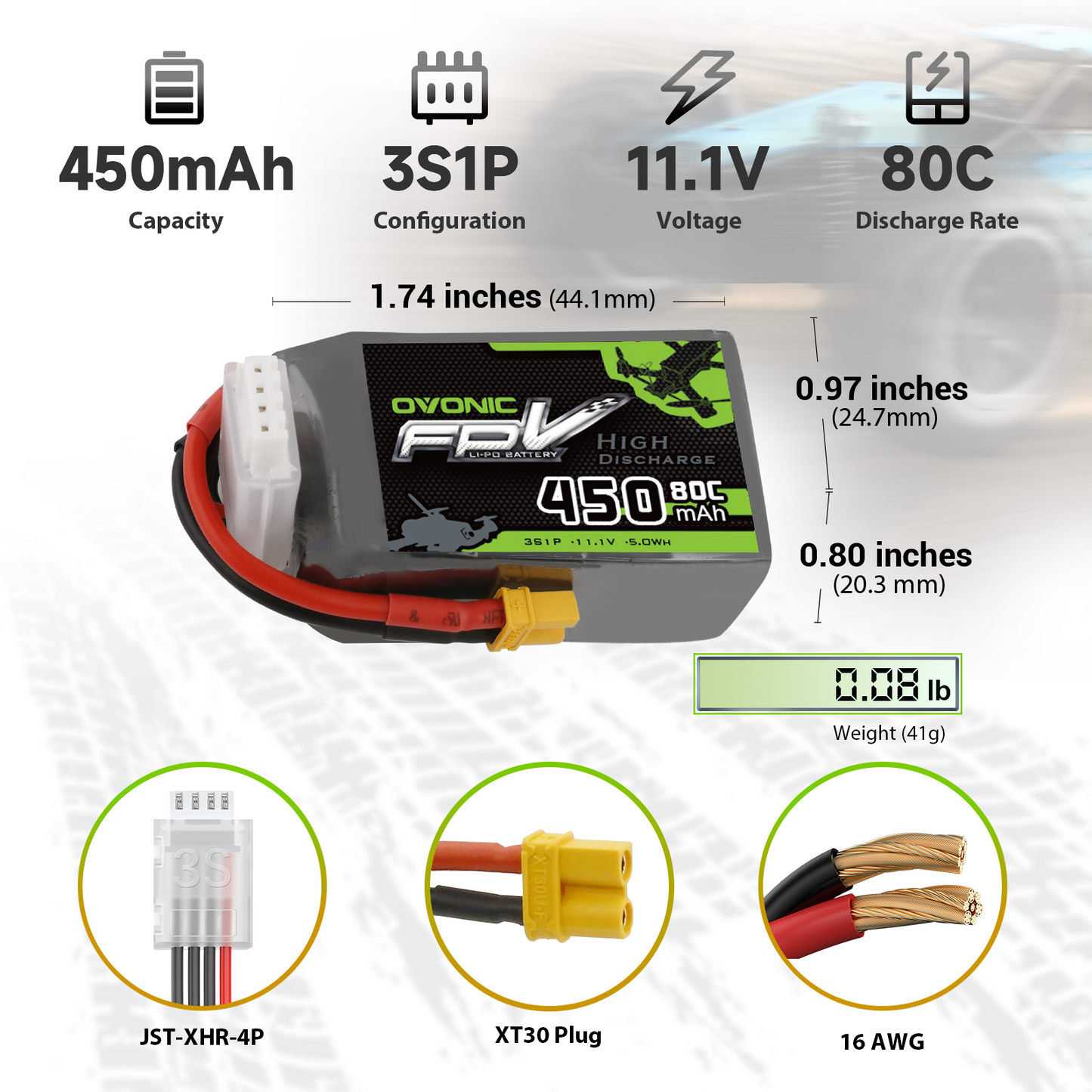 OVONIC 11.1V 3S 450mAh 80C LiPo battery dimensions, weight, and plug types infographic