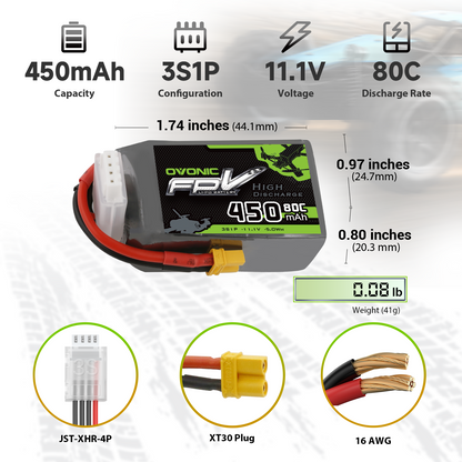 OVONIC 11.1V 3S 450mAh 80C LiPo battery dimensions, weight, and plug types infographic