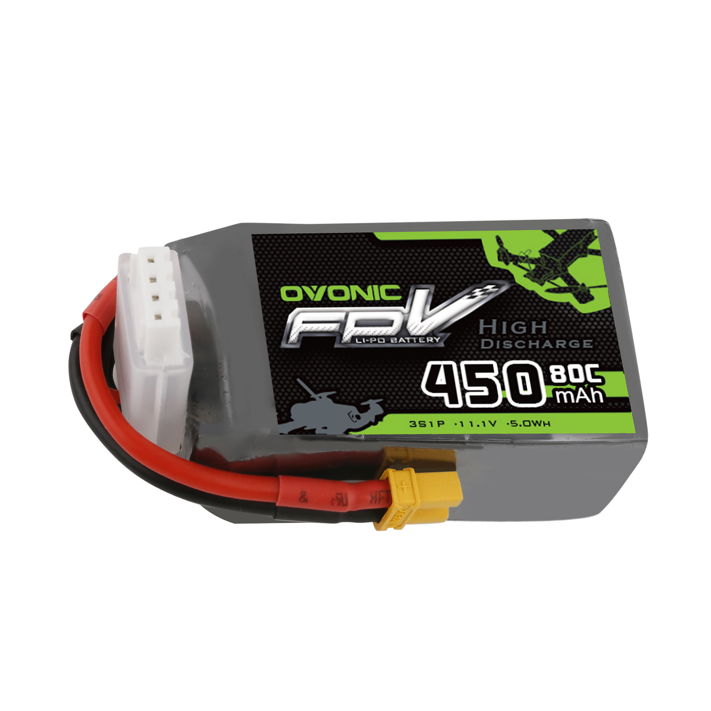 OVONIC 11.1V 3S 450mAh 80C LiPo battery pack with XT30 plug and JST-XHR balance lead