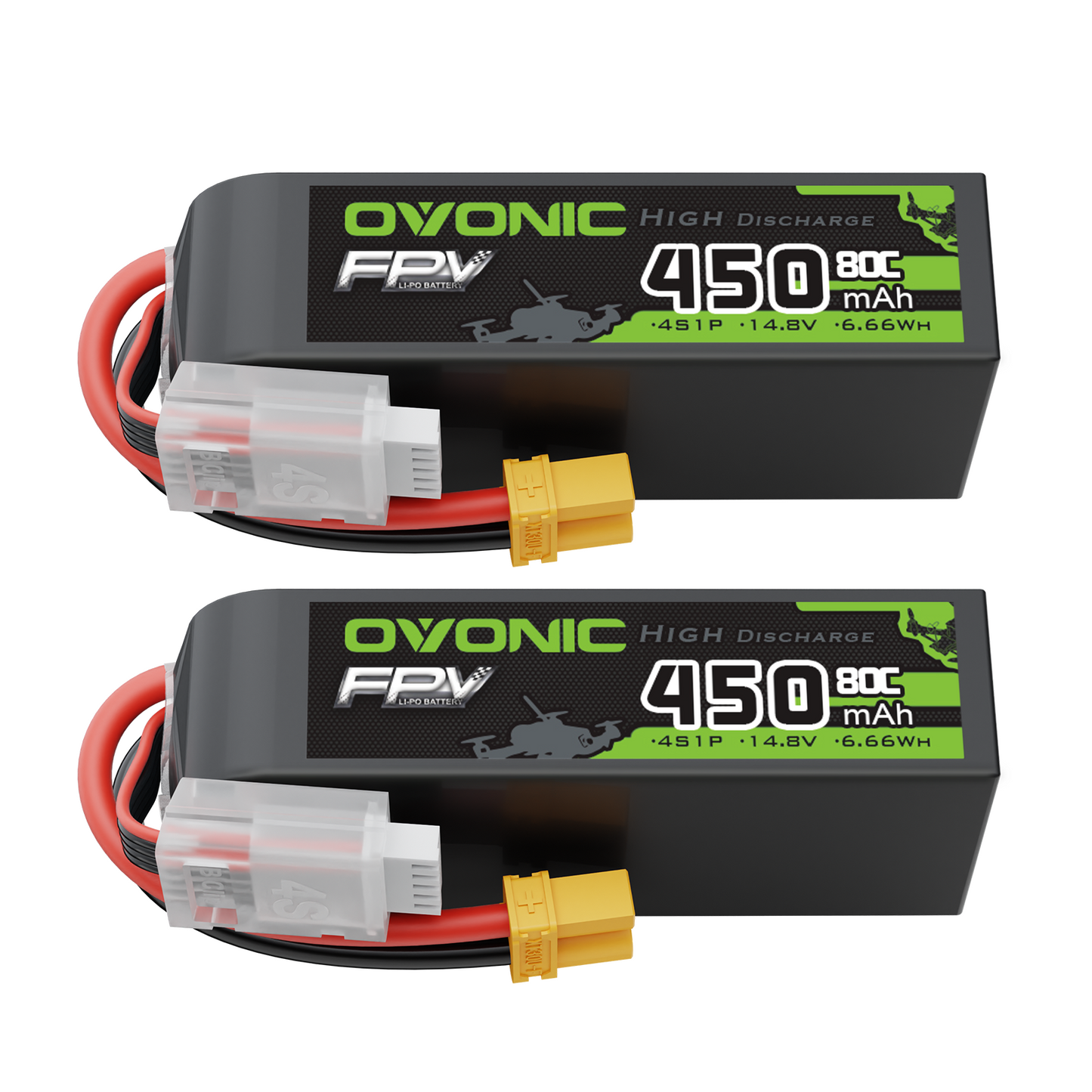 OVONIC 2-pack 4S 14.8V 450mAh 80C long LiPo batteries with XT30 plug and balance lead