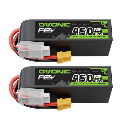 OVONIC 2-pack 4S 14.8V 450mAh 80C long LiPo batteries with XT30 plug and balance lead