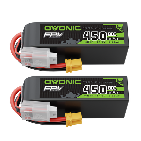 OVONIC 2-pack 4S 14.8V 450mAh 80C long LiPo batteries with XT30 plug and balance lead