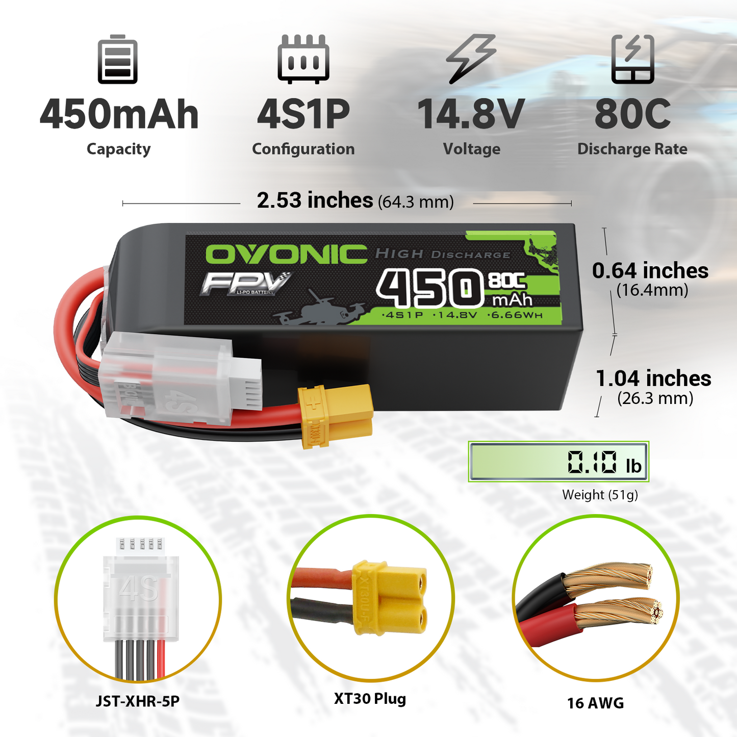 OVONIC 4S 14.8V 450mAh 80C LiPo battery dimensions, weight, XT30 plug and JST-XHR-5P balance connector