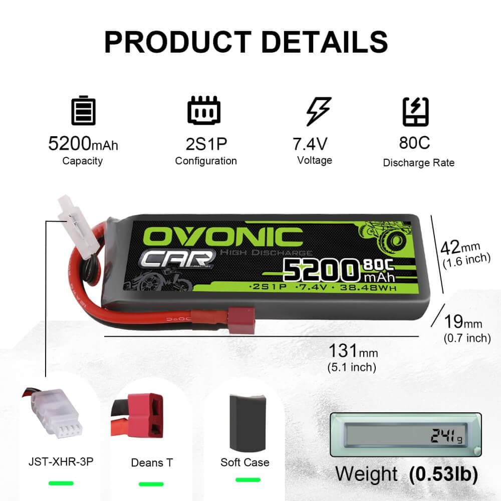 Ovonic 5200mAh 2S1P 7.4V 80C LiPo battery dimensions, weight, and connector types infographic