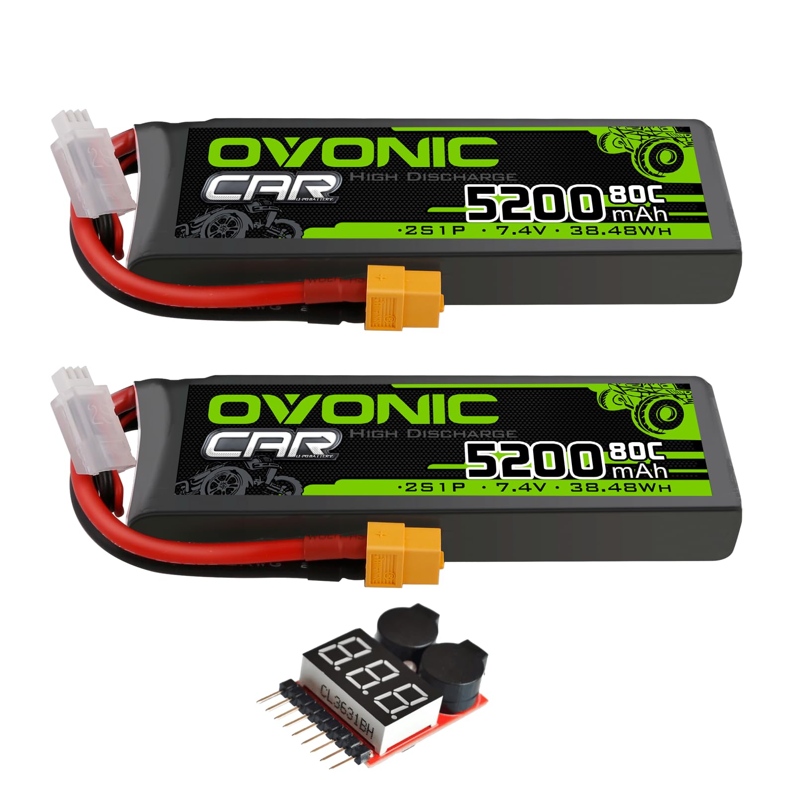 OVONIC 2S 5200mAh 7.4V 80C LiPo Battery 2-pack with XT60 plug and balance lead