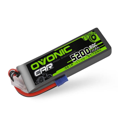 Ovonic 5200mAh 11.1V 3S1P 80C LiPo battery close-up showing label and blue main connector