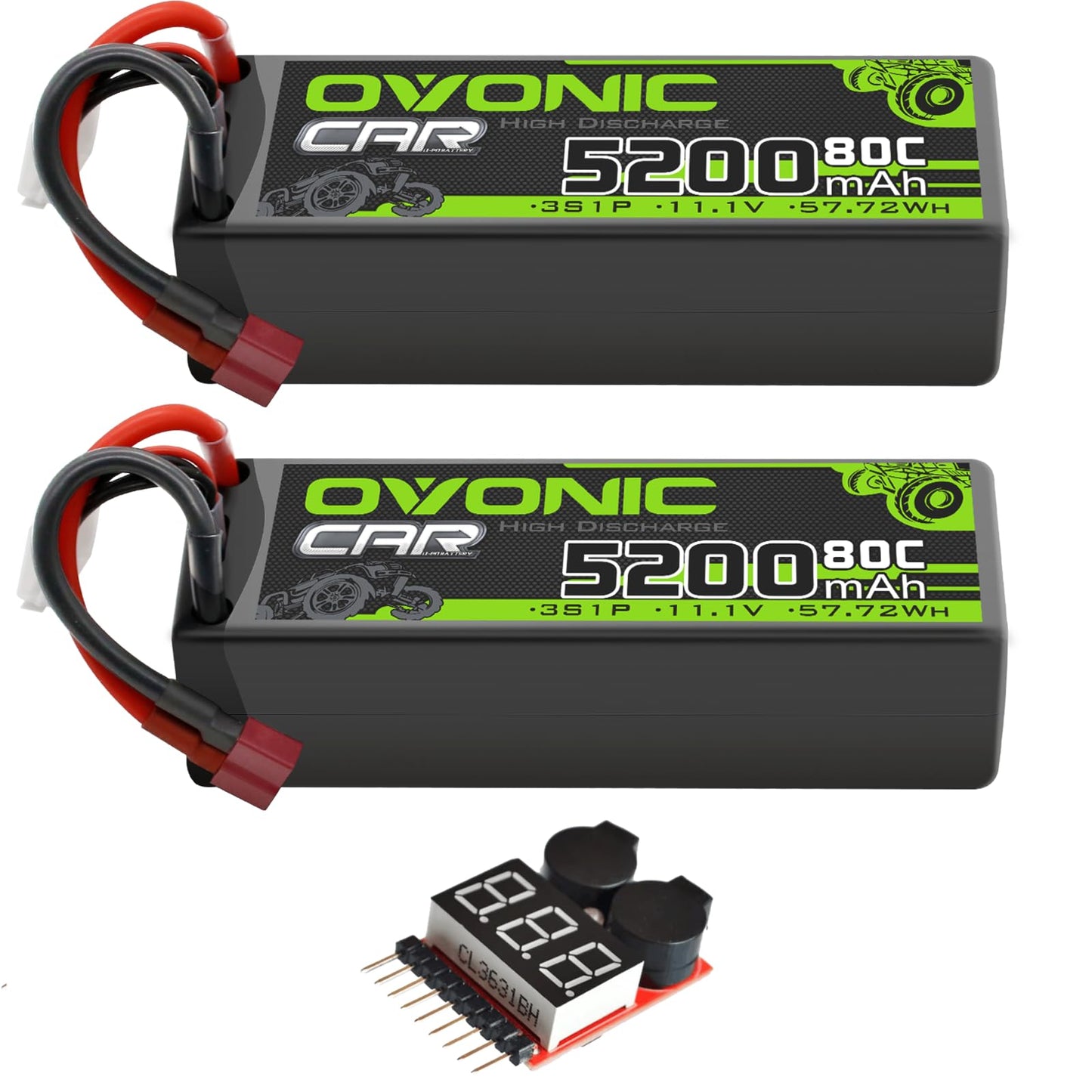 OVONIC 2-pack 3S 5200mAh 80C hardcase LiPo batteries 11.1V with Deans T plug and voltage checker