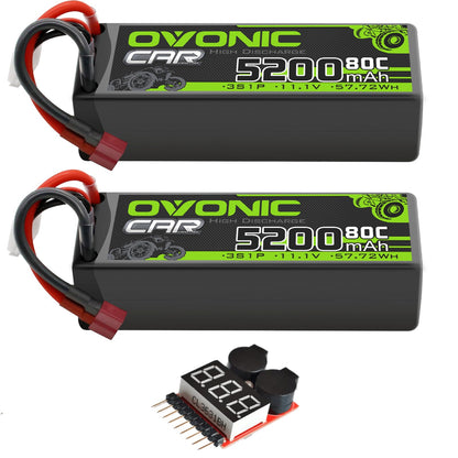 OVONIC 2-pack 3S 5200mAh 80C hardcase LiPo batteries 11.1V with Deans T plug and voltage checker