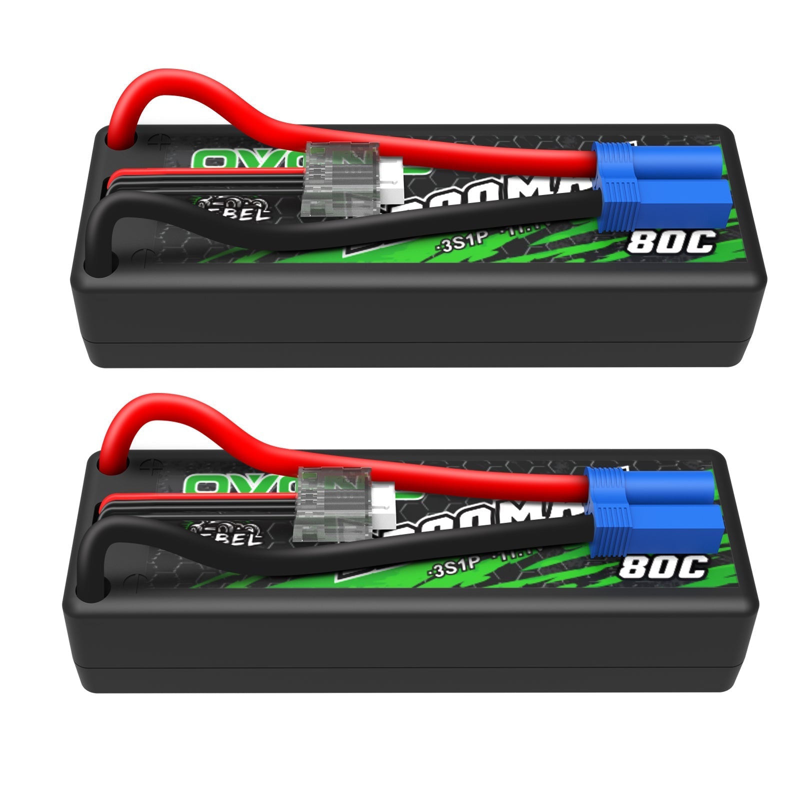 2-pack Ovonic Rebel 3S 5200mAh 11.1V 80C hardcase LiPo batteries with EC5 connector and balance lead