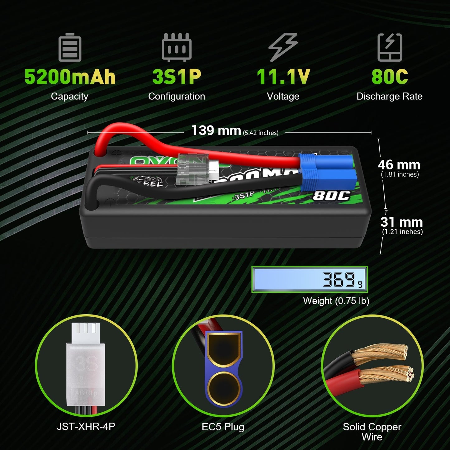 Ovonic Rebel 3S 5200mAh 11.1V 80C hardcase LiPo dimensions 139×46×31mm, 359g, EC5 plug and JST-XHR balance