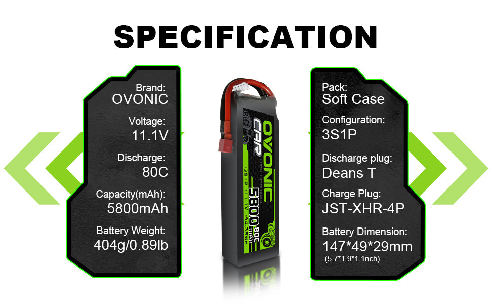 Specification graphic for Ovonic 11.1V 5800mAh 80C 3S1P LiPo, Deans T plug, JST-XHR-4P, 147×49×29mm