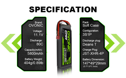 Specification graphic for Ovonic 11.1V 5800mAh 80C 3S1P LiPo, Deans T plug, JST-XHR-4P, 147×49×29mm