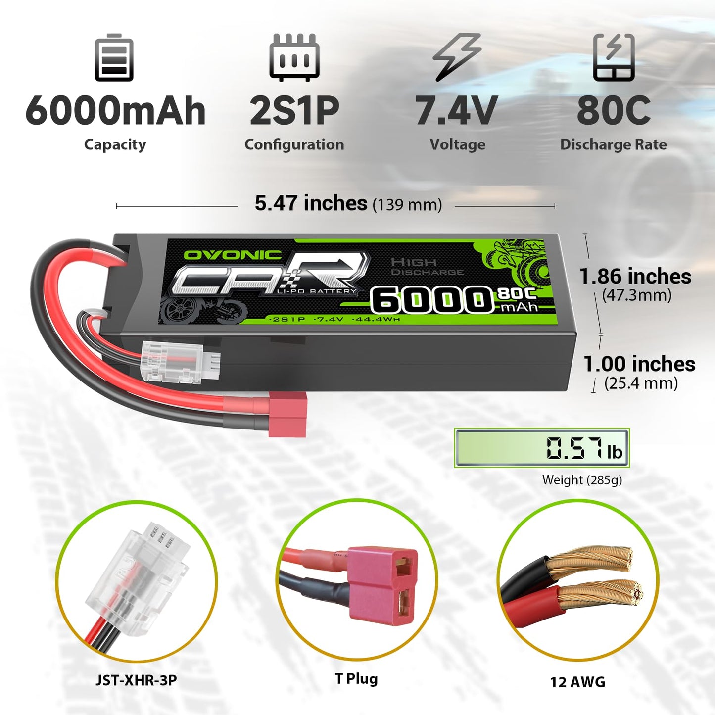 OVONIC 6000mAh 2S 7.4V 80C hardcase LiPo battery size chart with T-plug, JST-XHR balance lead, 12AWG