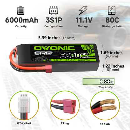 OVONIC 6000mAh 3S1P 11.1V 80C battery dimensions chart with JST-XHR balance plug and T plug