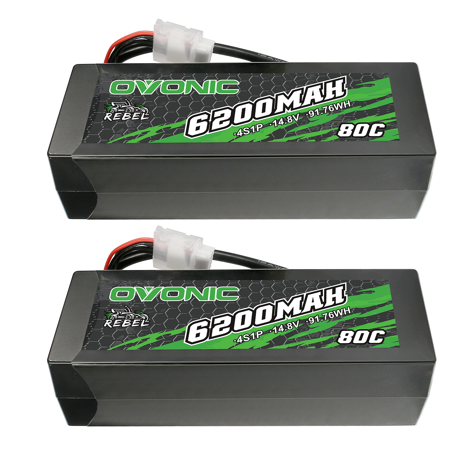 OVONIC Rebel 4S 6200mAh 80C 14.8V hardcase LiPo battery 2-pack, top label view