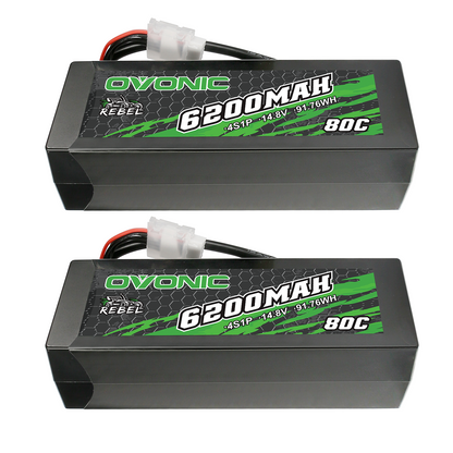OVONIC Rebel 4S 6200mAh 80C 14.8V hardcase LiPo battery 2-pack, top label view