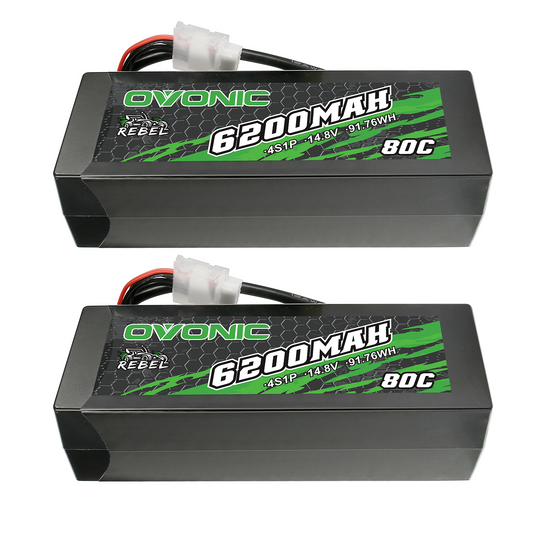 OVONIC Rebel 4S 6200mAh 80C 14.8V hardcase LiPo battery 2-pack, top label view