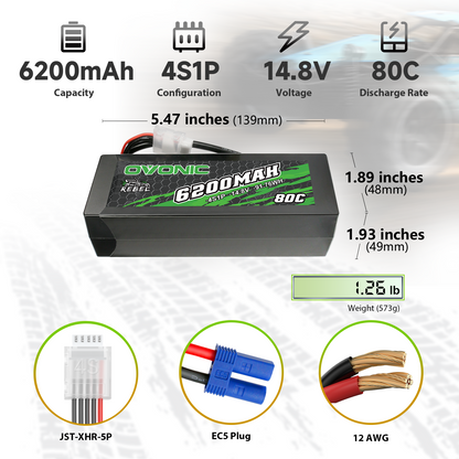 Specs and dimensions graphic for 6200mAh 4S1P 14.8V 80C LiPo, EC5 plug and JST-XHR-5P balance lead