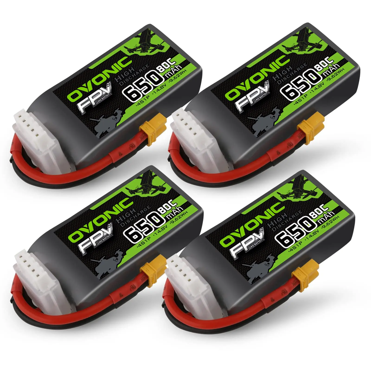 Ovonic FPV 4-pack 650mAh 4S 14.8V 80C LiPo batteries with XT30 lead and JST-XHR-5P balance plug