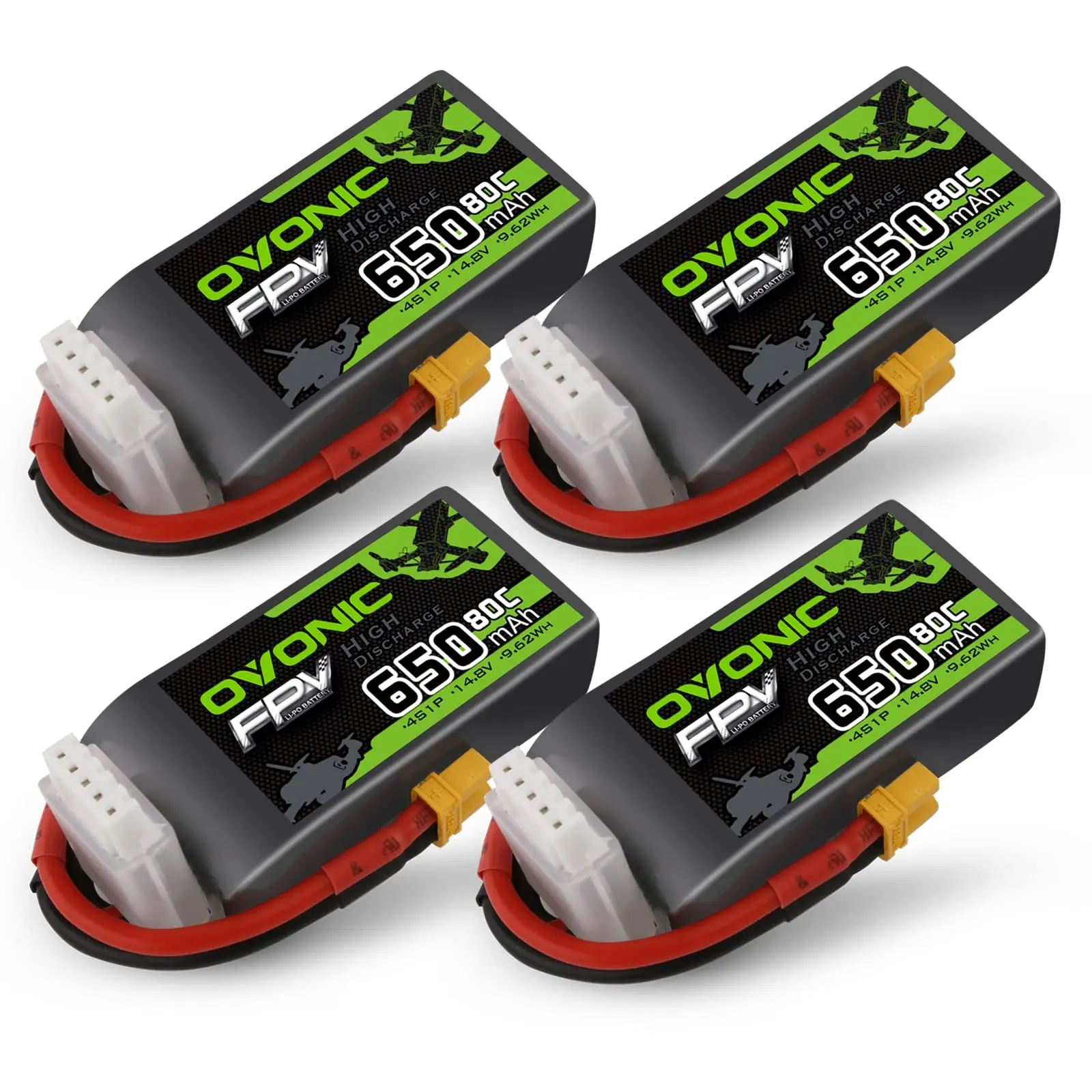 Ovonic FPV 4-pack 650mAh 4S 14.8V 80C LiPo batteries with XT30 lead and JST-XHR-5P balance plug