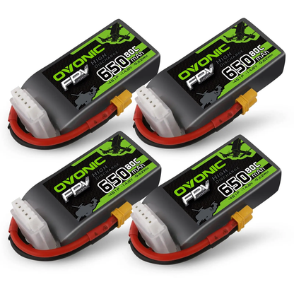 Ovonic FPV 4-pack 650mAh 4S 14.8V 80C LiPo batteries with XT30 lead and JST-XHR-5P balance plug
