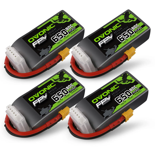 Ovonic FPV 4-pack 650mAh 4S 14.8V 80C LiPo batteries with XT30 lead and JST-XHR-5P balance plug