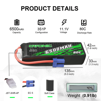 Ovonic Rebel 6500mAh 3S1P 11.1V 80C LiPo battery dimensions, weight, and connector types chart
