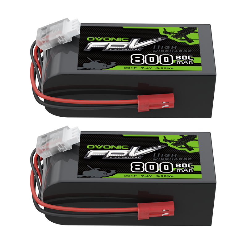 2-Pack OVONIC 7.4V 2S 800mAh 80C LiPo batteries, dual pack with JST power lead and balance plug